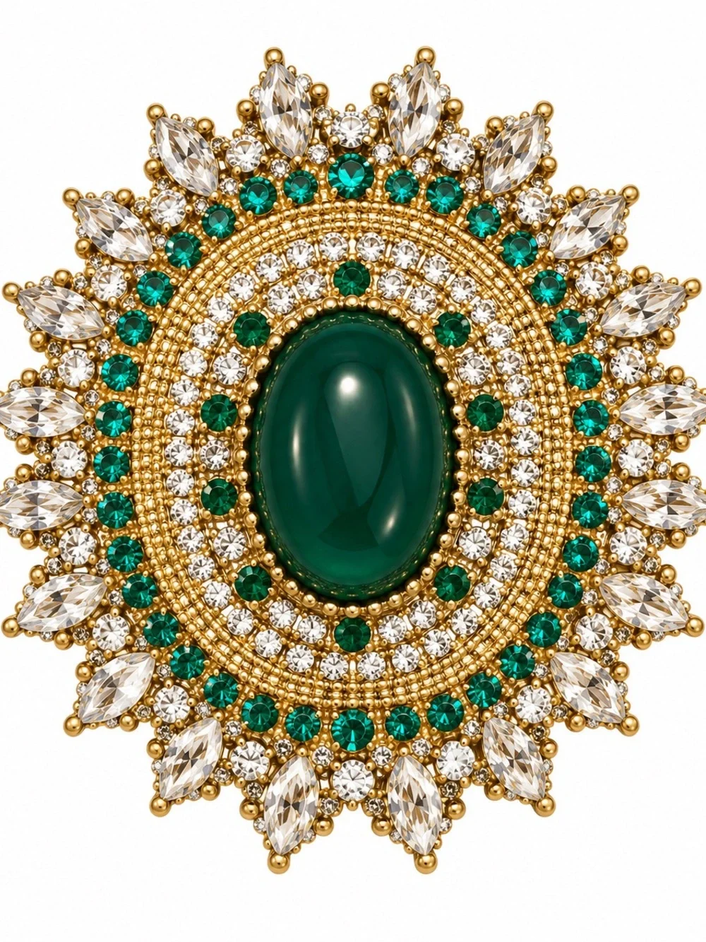 Vintage-Inspired Gold Brooch with Emerald Green Cabochon 🆕